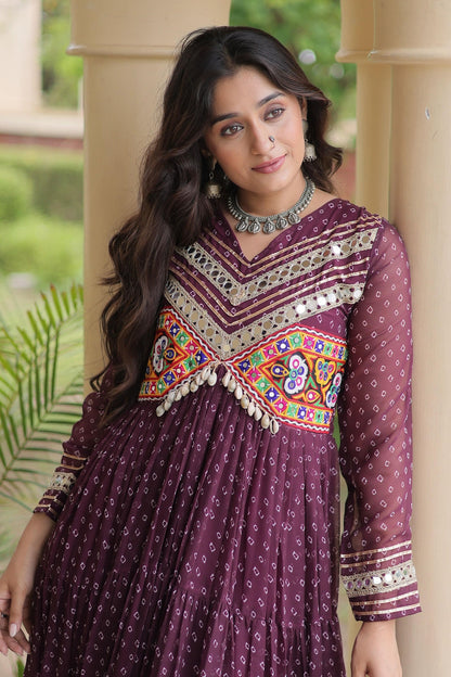 Faux Georgette Printed Stitched Gown In Wine Colour