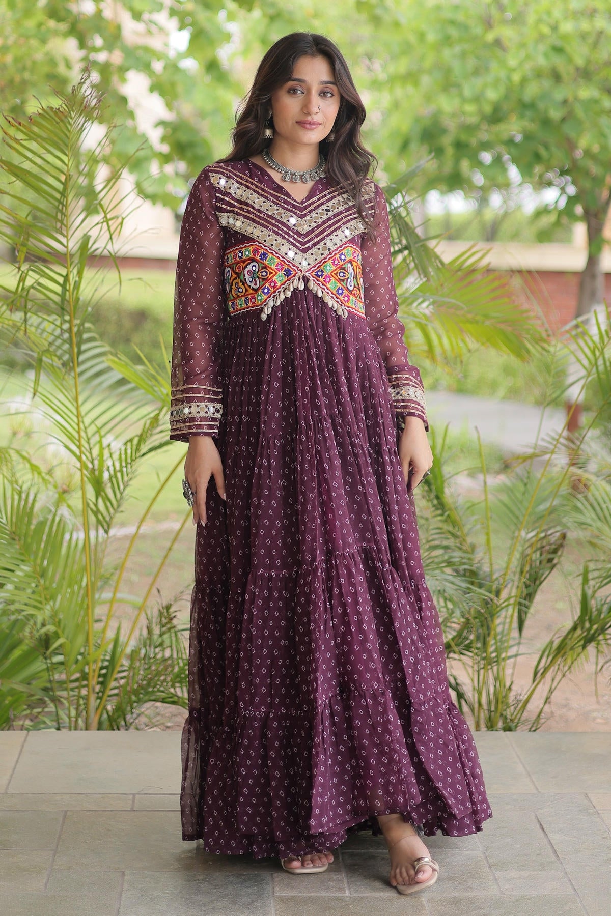 Faux Georgette Printed Stitched Gown In Wine Colour