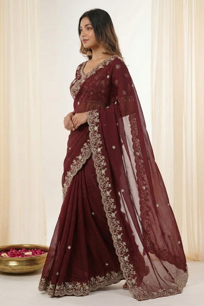 Fendy Satin Embroidery Designer Saree In Brown Colour