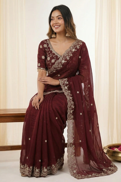Fendy Satin Embroidery Designer Saree In Brown Colour