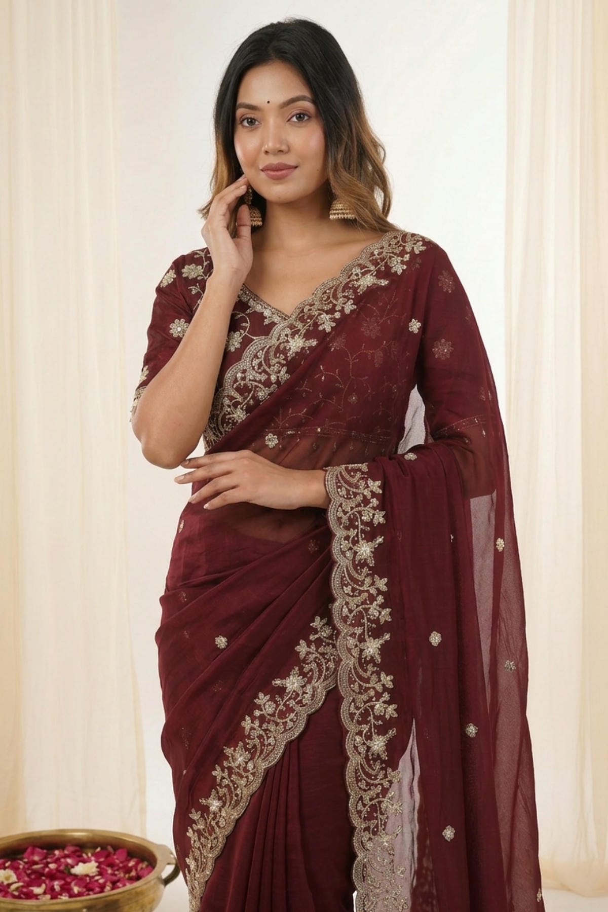 Fendy Satin Embroidery Designer Saree In Brown Colour