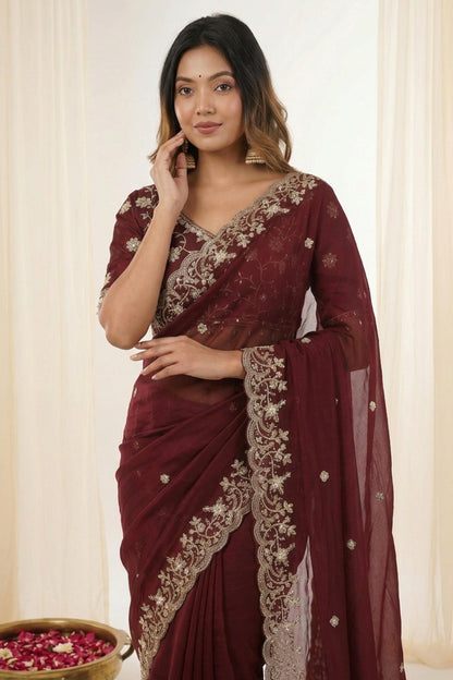 Fendy Satin Embroidery Designer Saree In Brown Colour