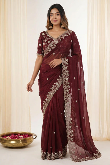 Fendy Satin Embroidery Designer Saree In Brown Colour