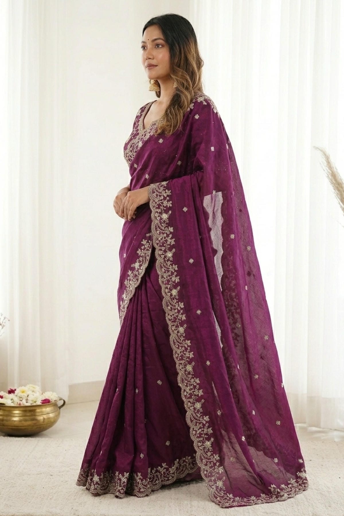 Fendy Satin Embroidery Designer Saree In Purple Colour