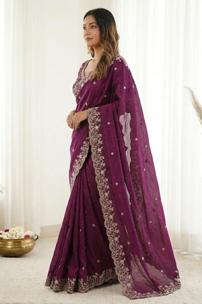 Fendy Satin Embroidery Designer Saree In Purple Colour