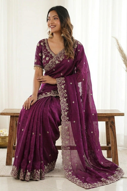 Fendy Satin Embroidery Designer Saree In Purple Colour