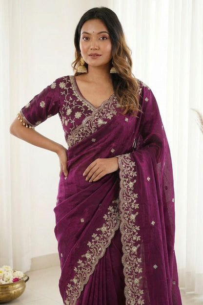 Fendy Satin Embroidery Designer Saree In Purple Colour