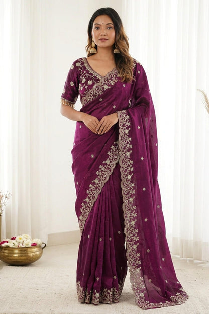 Fendy Satin Embroidery Designer Saree In Purple Colour