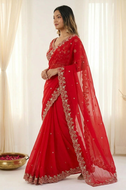 Fendy Satin Embroidery Designer Saree In Red Colour
