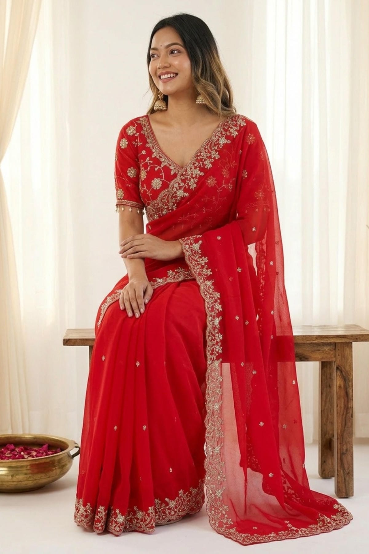Fendy Satin Embroidery Designer Saree In Red Colour