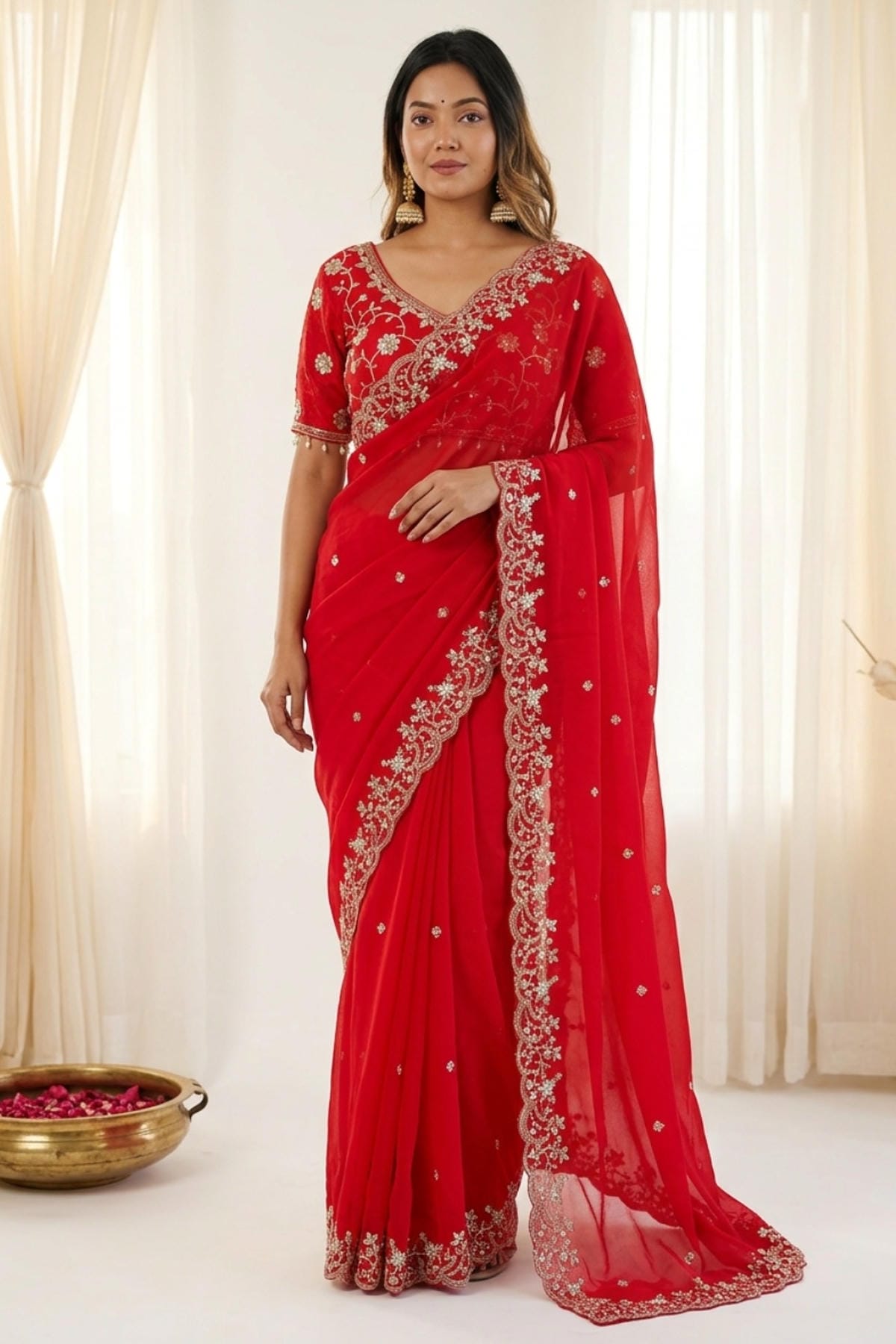 Fendy Satin Embroidery Designer Saree In Red Colour