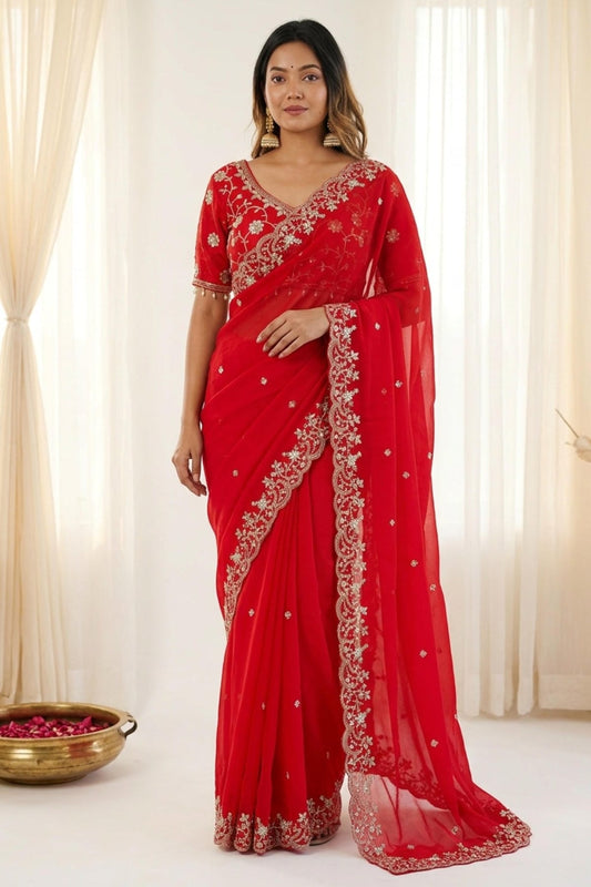 Fendy Satin Embroidery Designer Saree In Red Colour