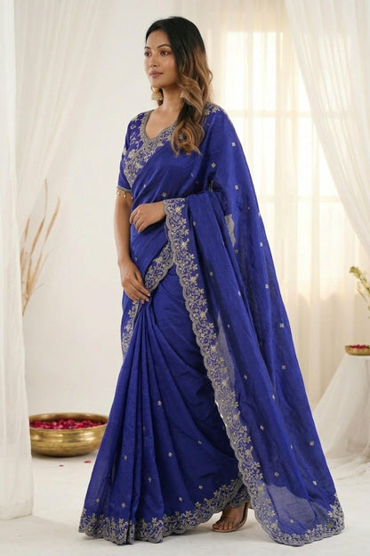 Fendy Satin Embroidery Designer Saree In Royal Blue Colour