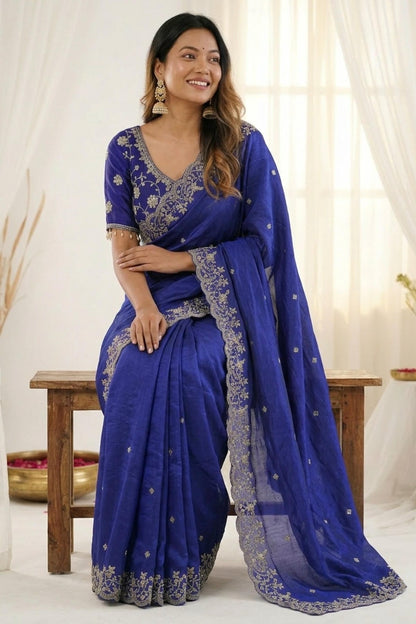 Fendy Satin Embroidery Designer Saree In Royal Blue Colour