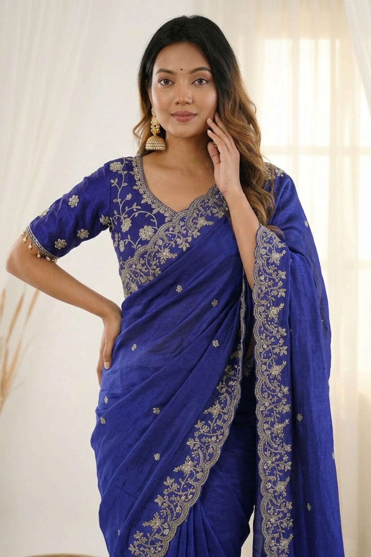 Fendy Satin Embroidery Designer Saree In Royal Blue Colour