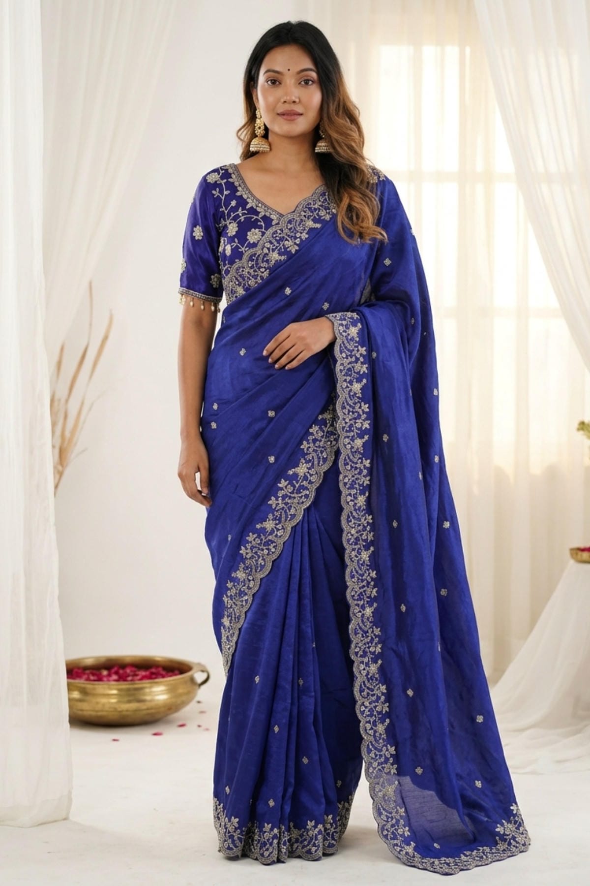 Fendy Satin Embroidery Designer Saree In Royal Blue Colour