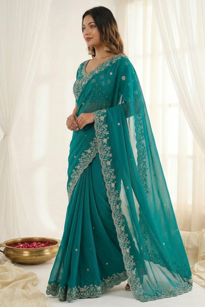 Fendy Satin Embroidery Designer Saree In Sea Green Colour