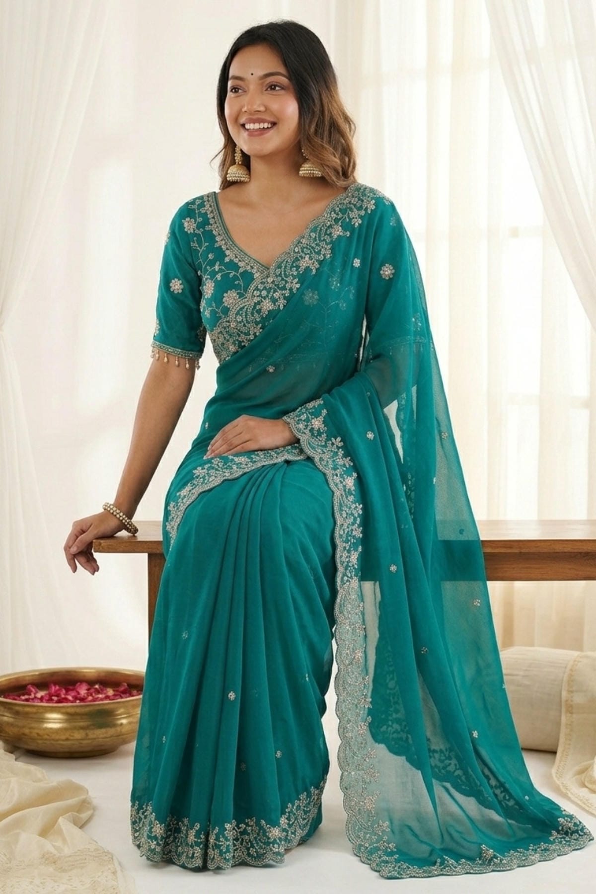 Fendy Satin Embroidery Designer Saree In Sea Green Colour