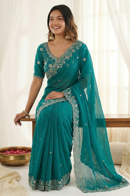 Fendy Satin Embroidery Designer Saree In Sea Green Colour