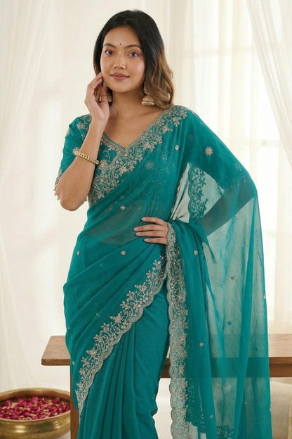Fendy Satin Embroidery Designer Saree In Sea Green Colour
