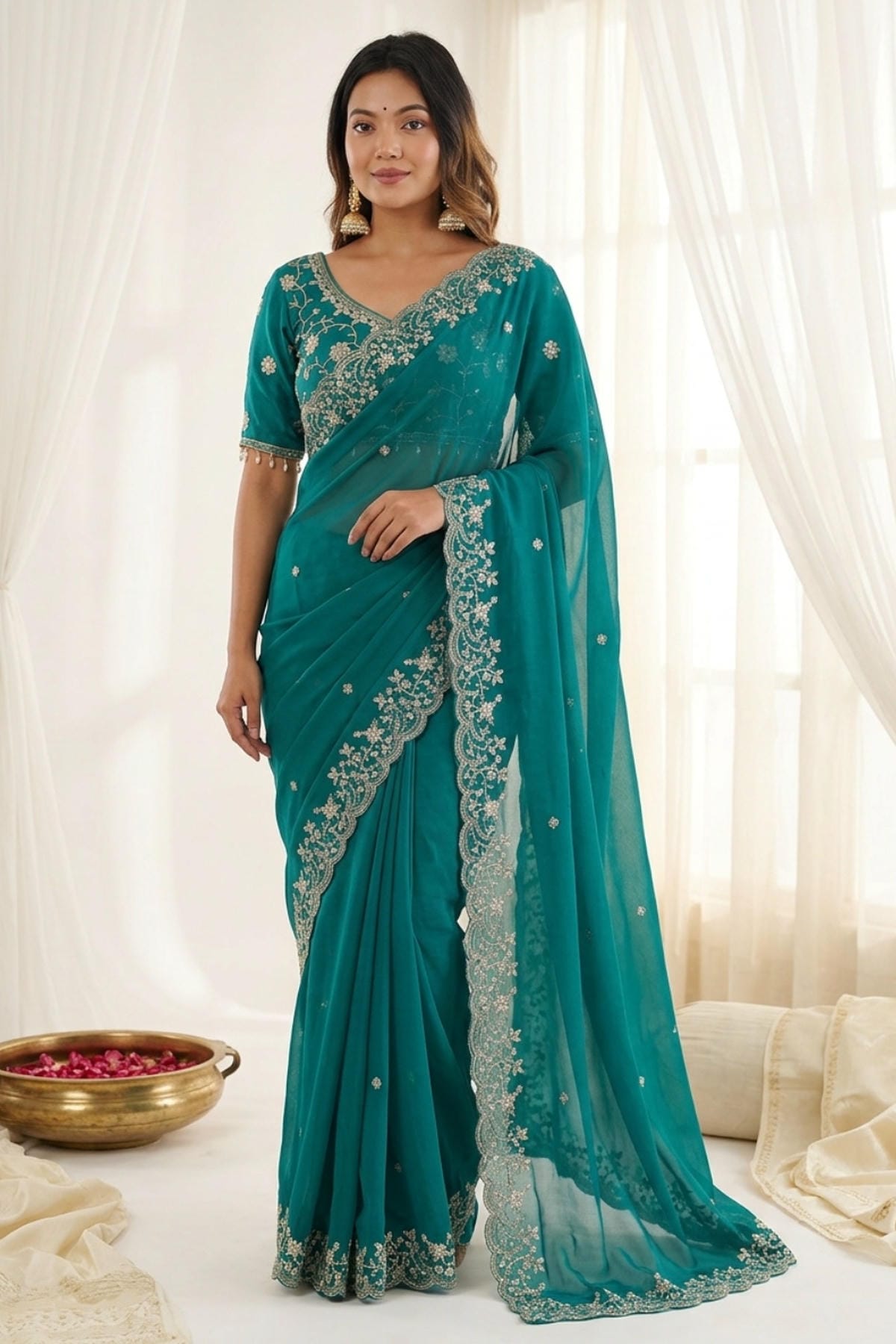 Fendy Satin Embroidery Designer Saree In Sea Green Colour