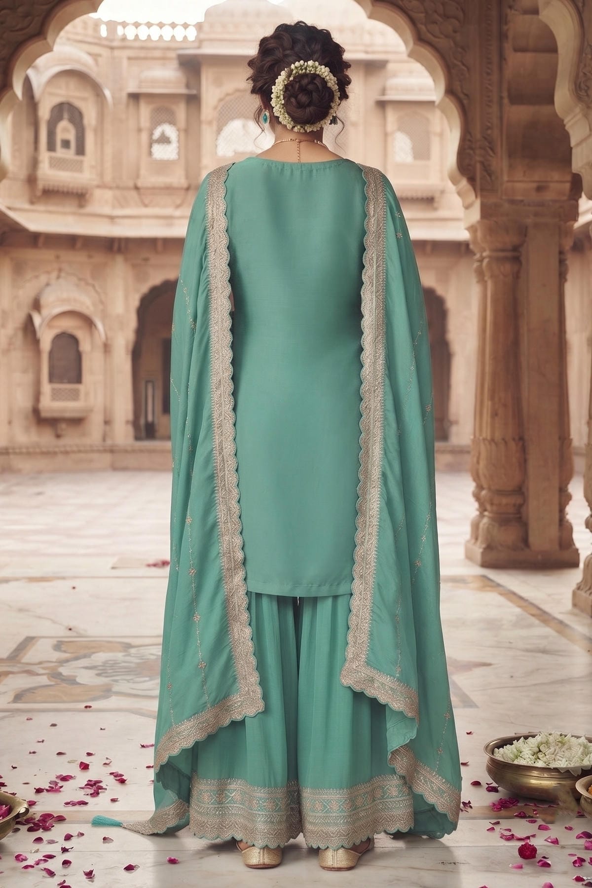 Firozi Colour Chinon Embroidery Work Palazzo Pant Suit