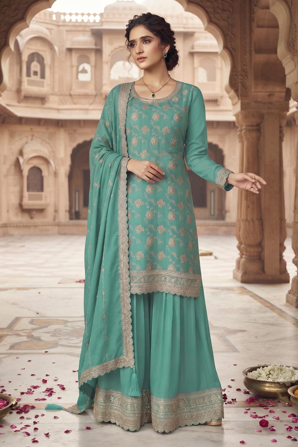 Firozi Colour Chinon Embroidery Work Palazzo Pant Suit