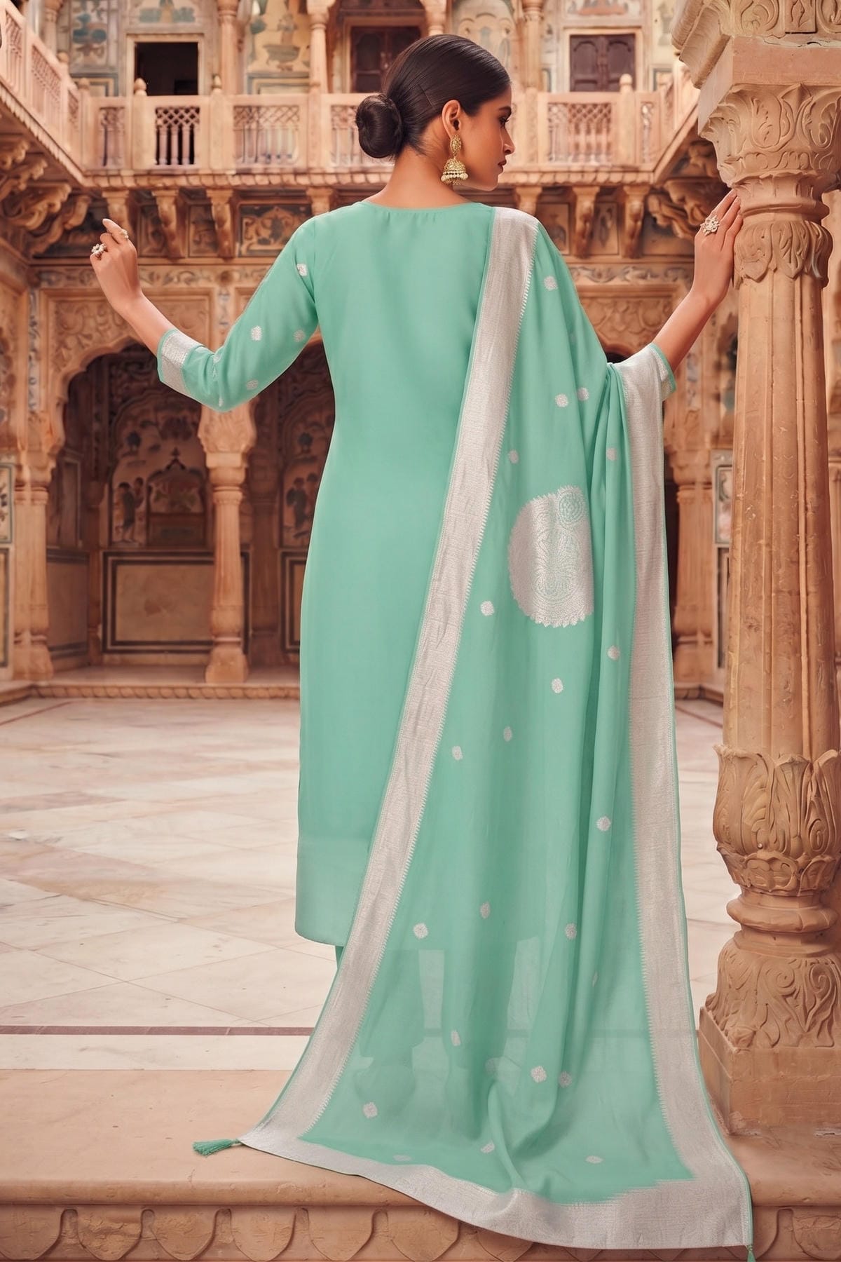 Firozi Colour Organza Embroidery Work Pant Style Suit