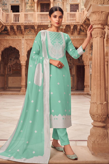 Firozi Colour Organza Embroidery Work Pant Style Suit