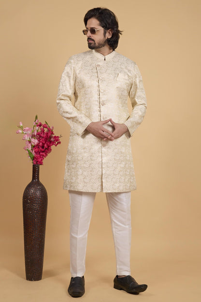 Gold Colour Art Silk Pintux Work Semi Indo Western Sherwani