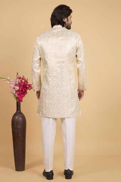 Gold Colour Art Silk Pintux Work Semi Indo Western Sherwani