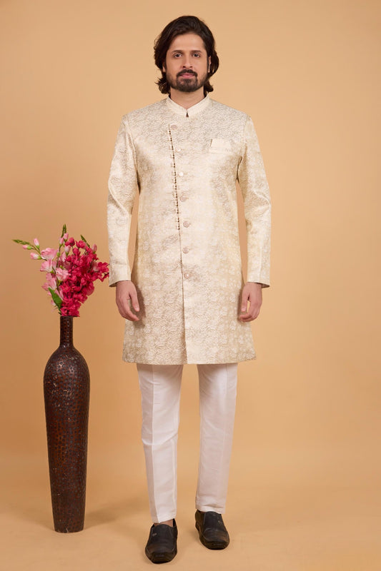 Gold Colour Art Silk Pintux Work Semi Indo Western Sherwani