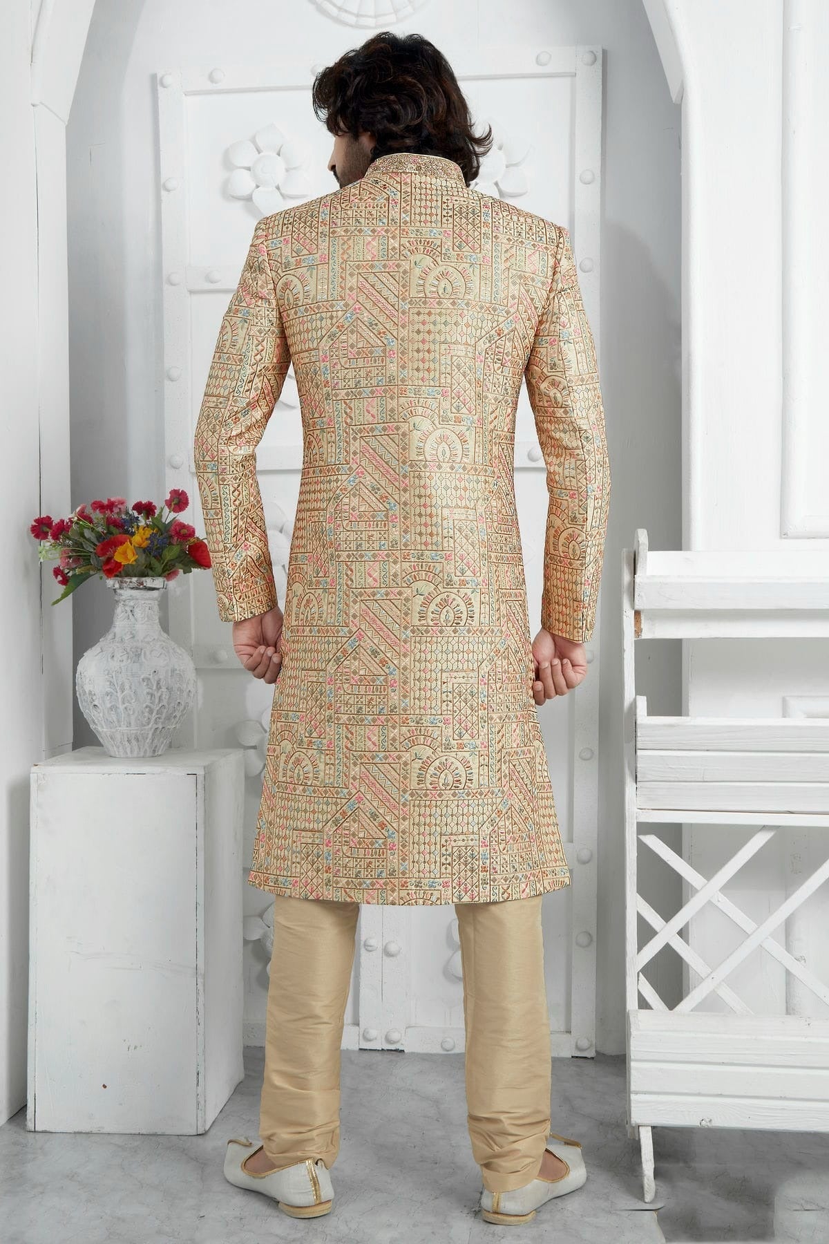 Gold Colour Art Silk Sherwani With Churidar Pant SH1230079 B