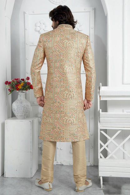 Gold Colour Art Silk Sherwani With Churidar Pant SH1230079 B