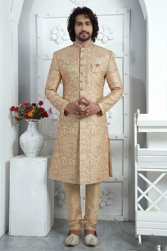 Gold Colour Art Silk Sherwani With Churidar Pant SH1230079
