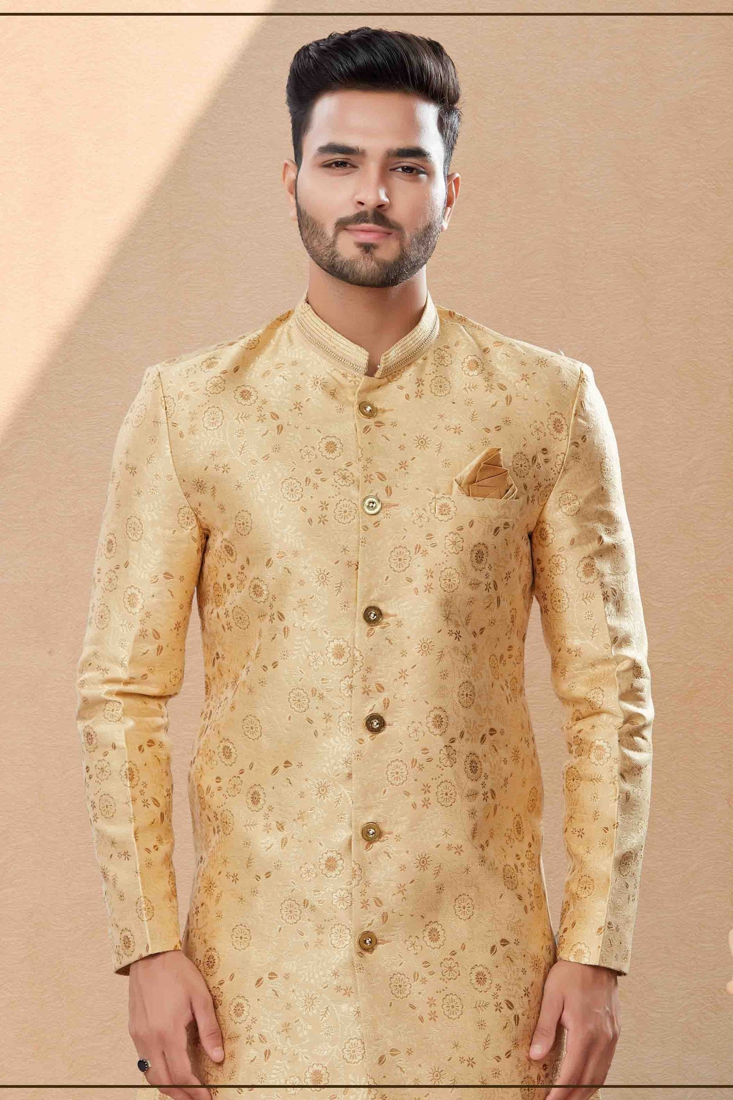 Gold Colour Dhoti Sherwani In Banarasi Jacquard Fabric SH1040402 A