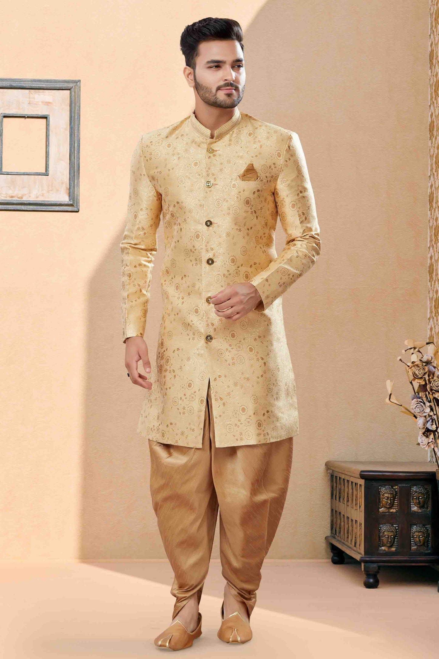 Gold Colour Dhoti Sherwani In Banarasi Jacquard Fabric SH1040402