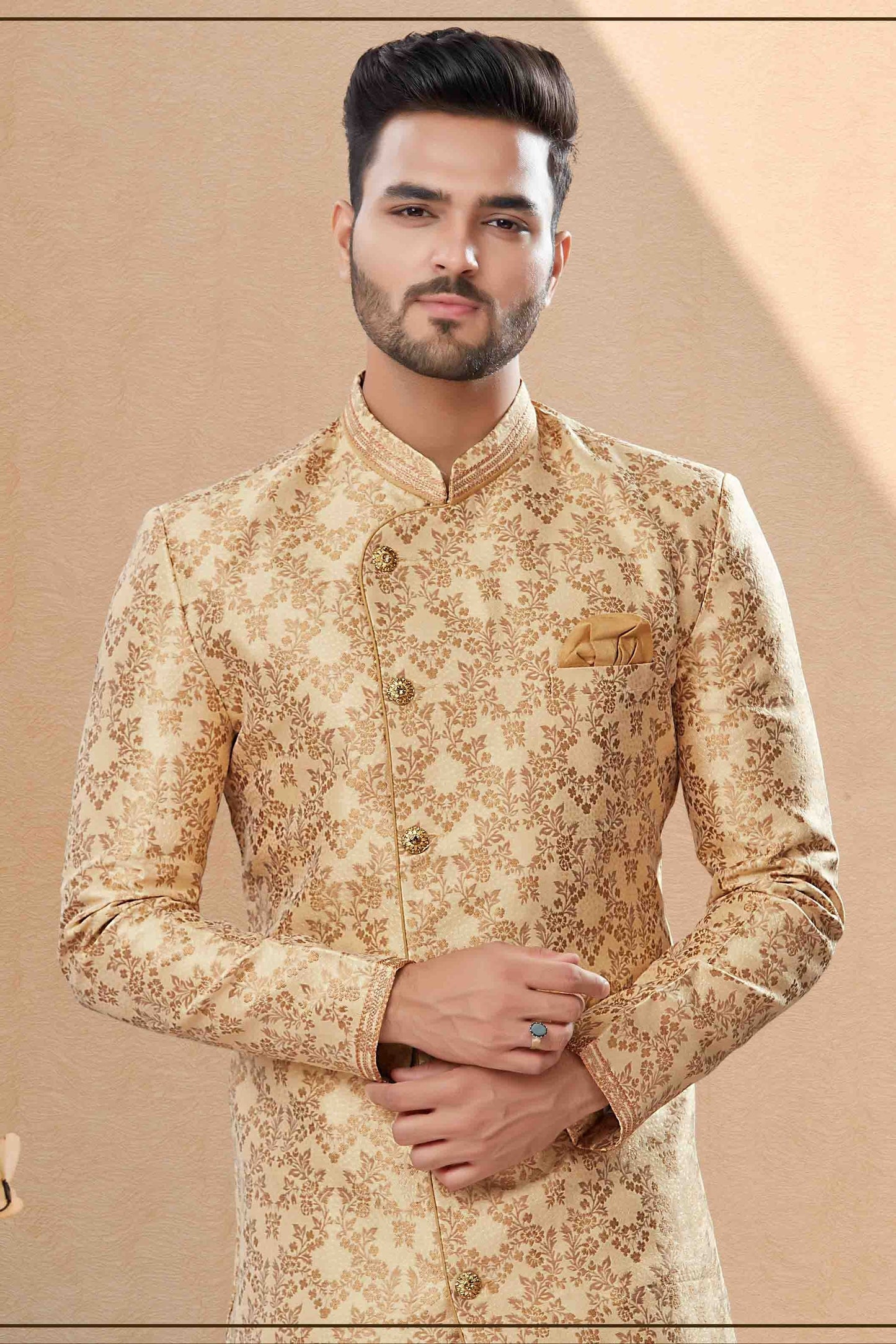 Gold Colour Dhoti Sherwani In Banarasi Jacquard Fabric SH1040403 A