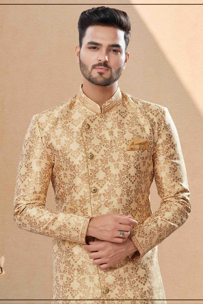 Gold Colour Dhoti Sherwani In Banarasi Jacquard Fabric SH1040403 A