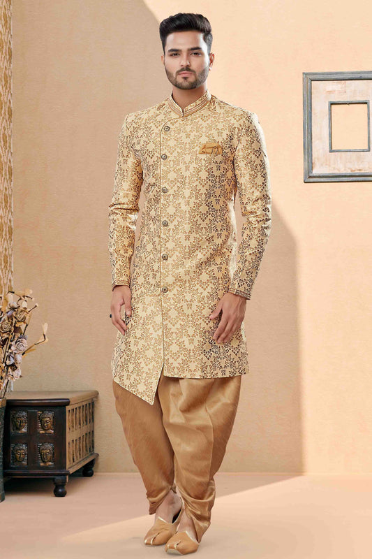 Gold Colour Dhoti Sherwani In Banarasi Jacquard Fabric SH1040403
