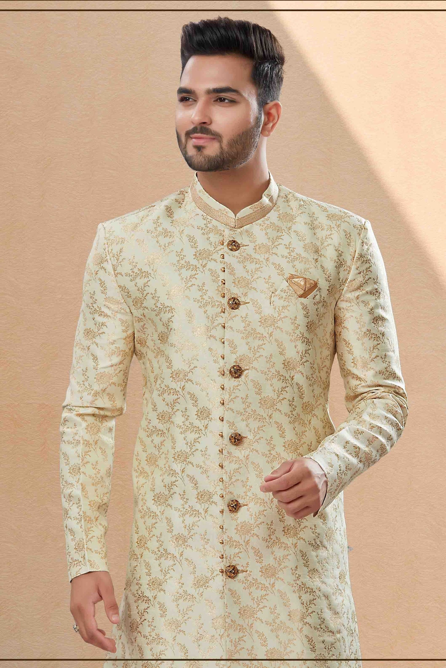 Gold Colour Dhoti Sherwani In Banarasi Jacquard Fabric SH1040407 A