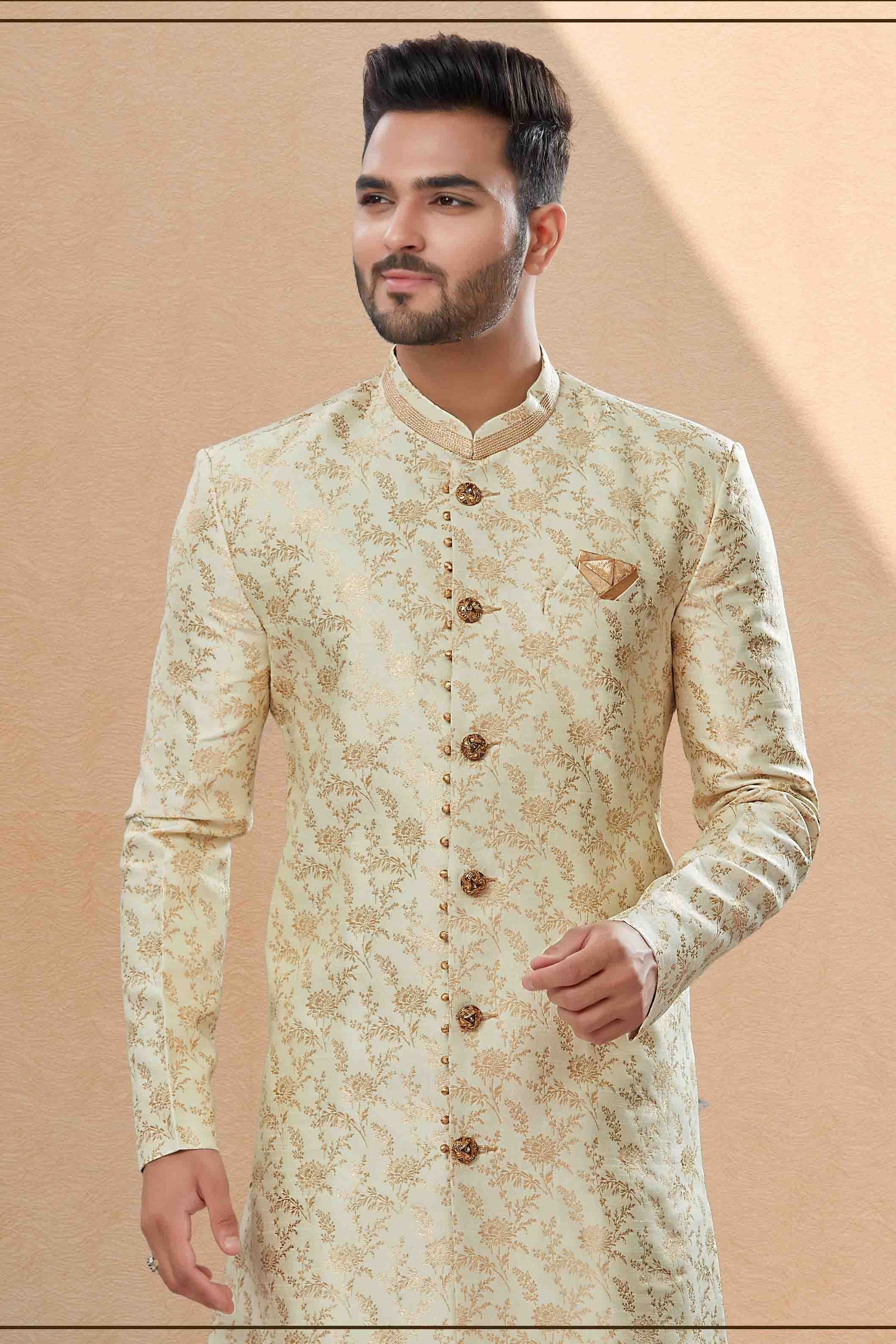 Gold Colour Dhoti Sherwani In Banarasi Jacquard Fabric SH1040407 A