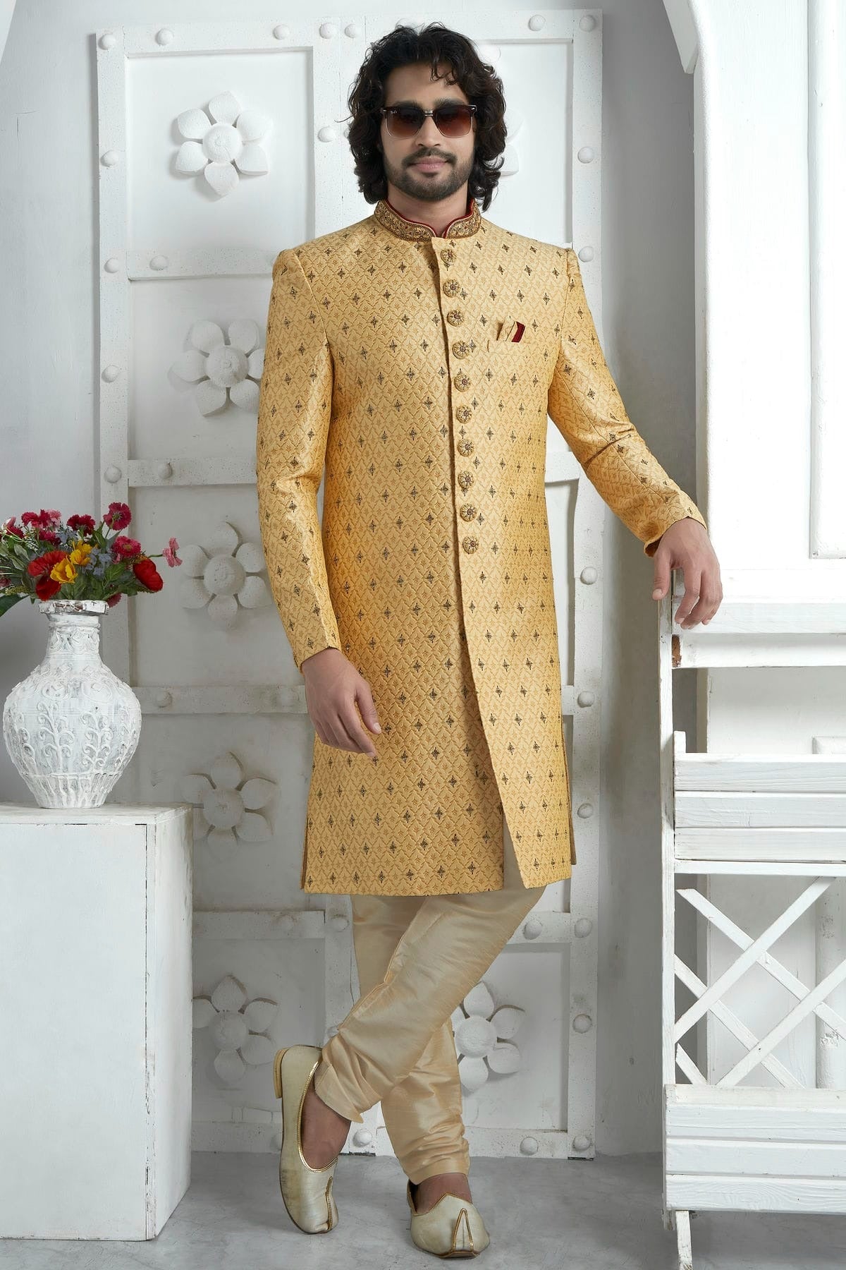 Gold Colour Georgette Sherwani With Churidar Pant SH1230077 A