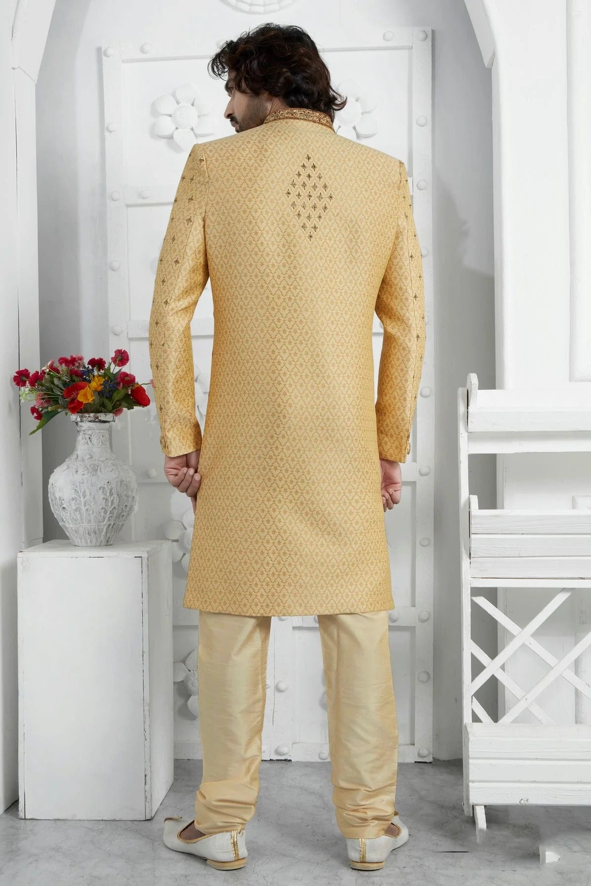 Gold Colour Georgette Sherwani With Churidar Pant SH1230077 B