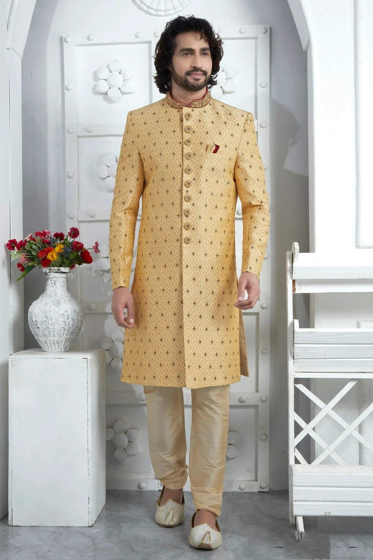 Gold Colour Georgette Sherwani With Churidar Pant SH1230077