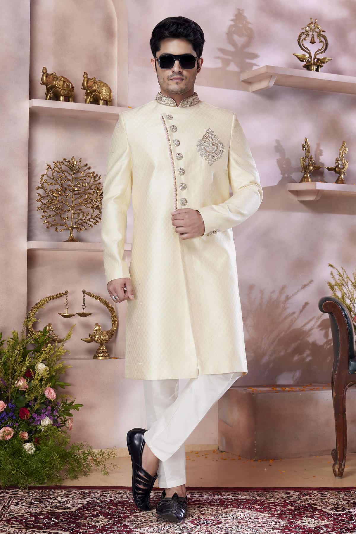 Gold Colour Jacquard Banarasi Silk Embroidery Work Sherwani