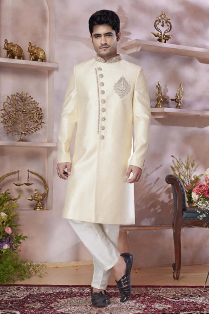 Gold Colour Jacquard Banarasi Silk Embroidery Work Sherwani