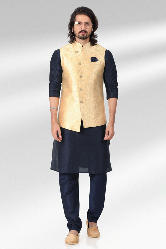 Gold Colour Jacquard Banarasi Silk Woven Work Kurta Pajama With Jacket
