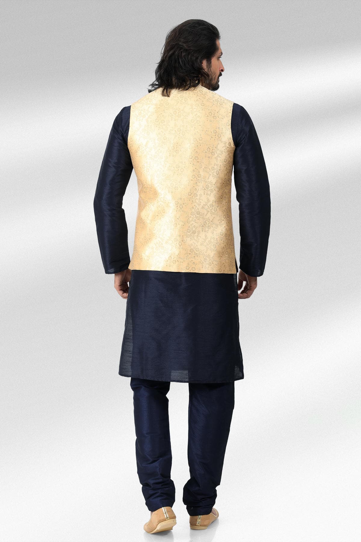 Gold Colour Jacquard Banarasi Silk Woven Work Kurta Pajama With Jacket