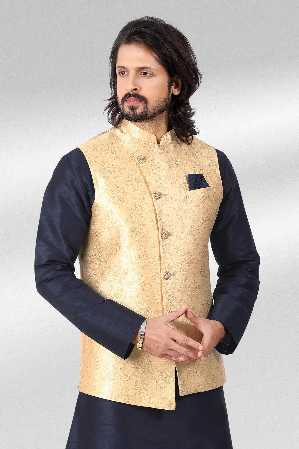Gold Colour Jacquard Banarasi Silk Woven Work Kurta Pajama With Jacket